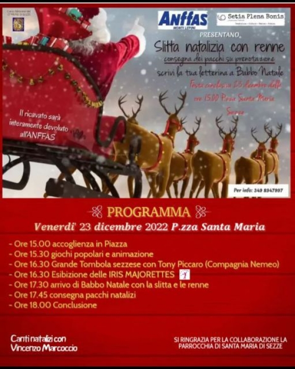 Venerdì 23 dicembre Festa con Babbo Natale, slitta e renne